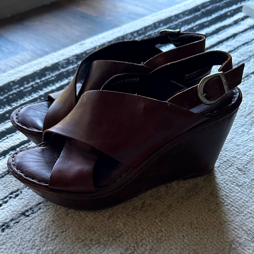 Born Dark Brown Leather Wedge Sandals